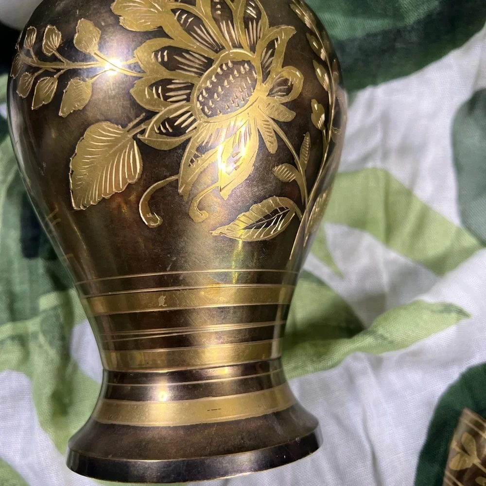 Etched 2 tone Brass Ginger Jar Urn 9” w/Lid & 6 Goblets‎ Birds, flowers, trees